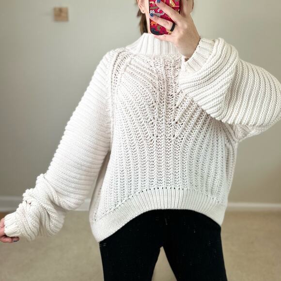 Free People White Mock Neck Sweater with Balloon Sleeves - Picture 1 of 9